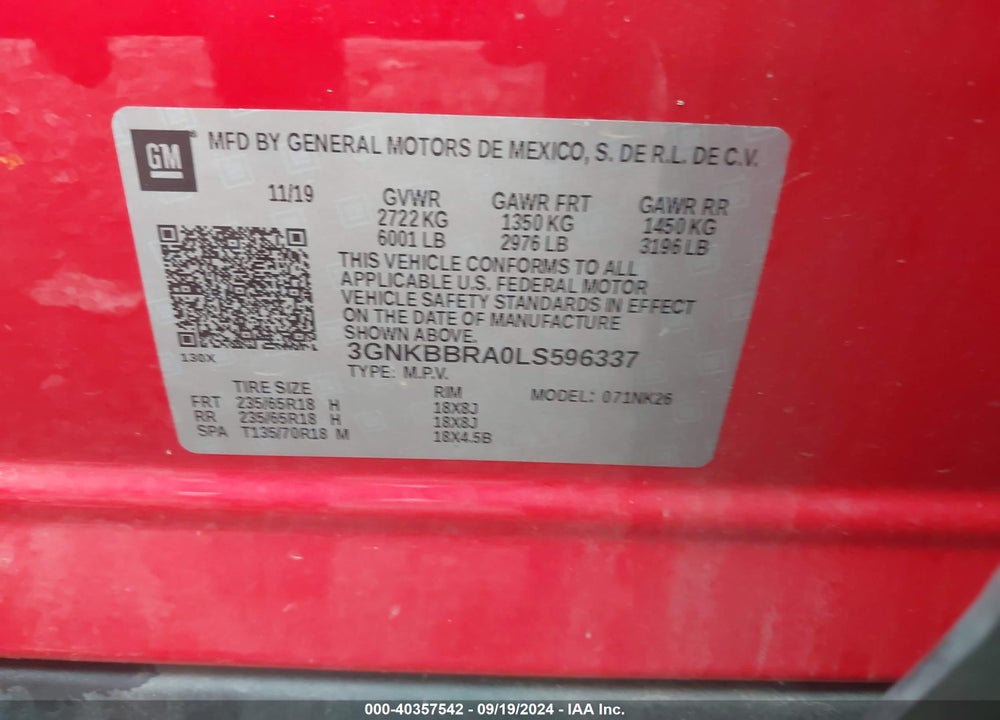 2020 CHEVROLET BLAZER FWD 1LT VIN: 3GNKBBRA0LS596337