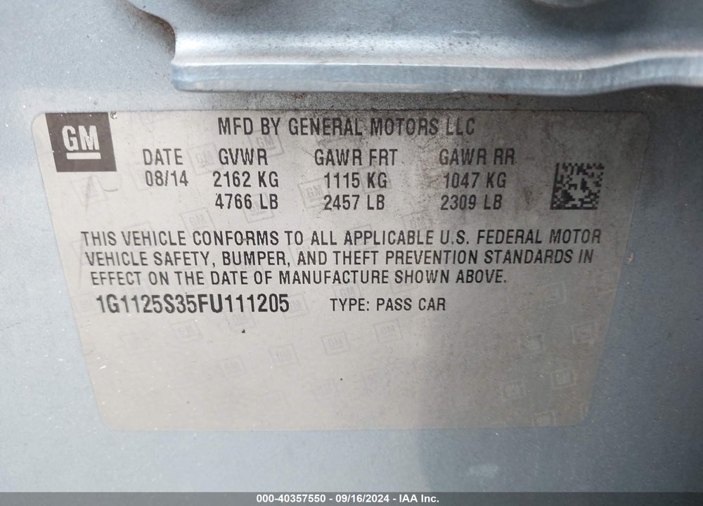 2015 CHEVROLET IMPALA 2LT VIN: 1G1125S35FU111205