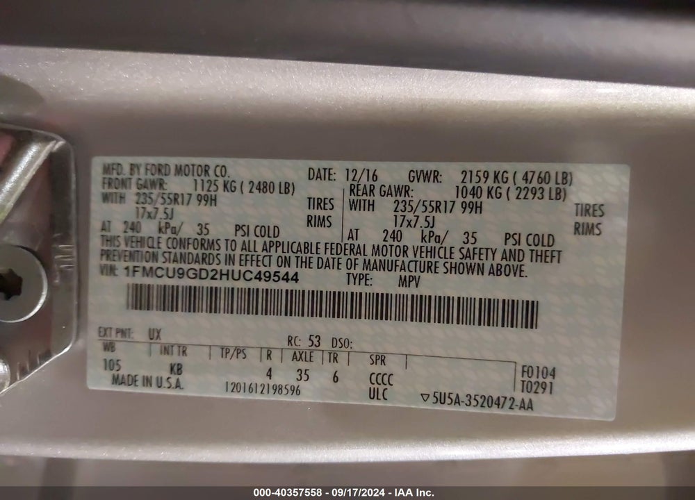 2017 FORD ESCAPE SE VIN: 1FMCU9GD2HUC49544