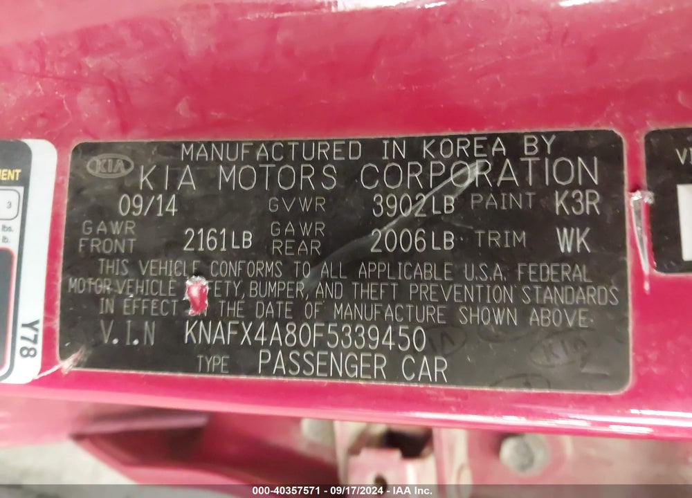 2015 KIA FORTE EX VIN: KNAFX4A80F5339450
