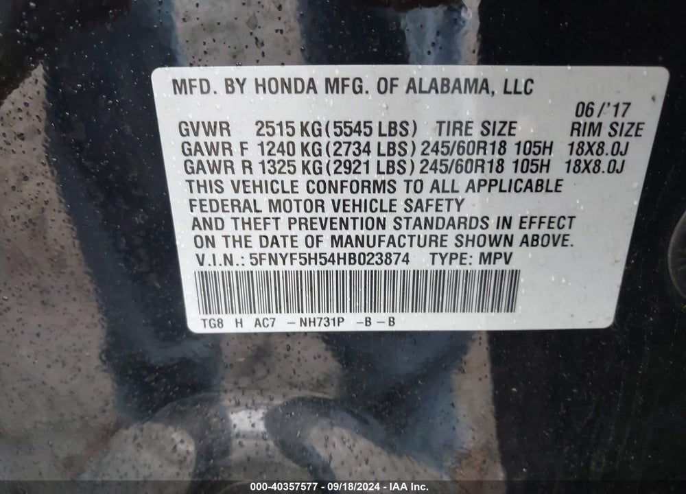 2017 HONDA PILOT EX-L VIN: 5FNYF5H54HB023874