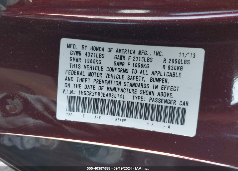 2014 HONDA ACCORD EX-L VIN: 1HGCR2F80EA080141