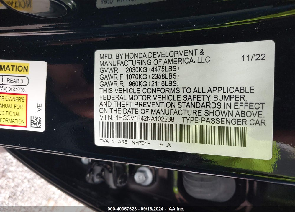 2022 HONDA ACCORD SPORT SPECIAL EDITION VIN: 1HGCV1F42NA102238