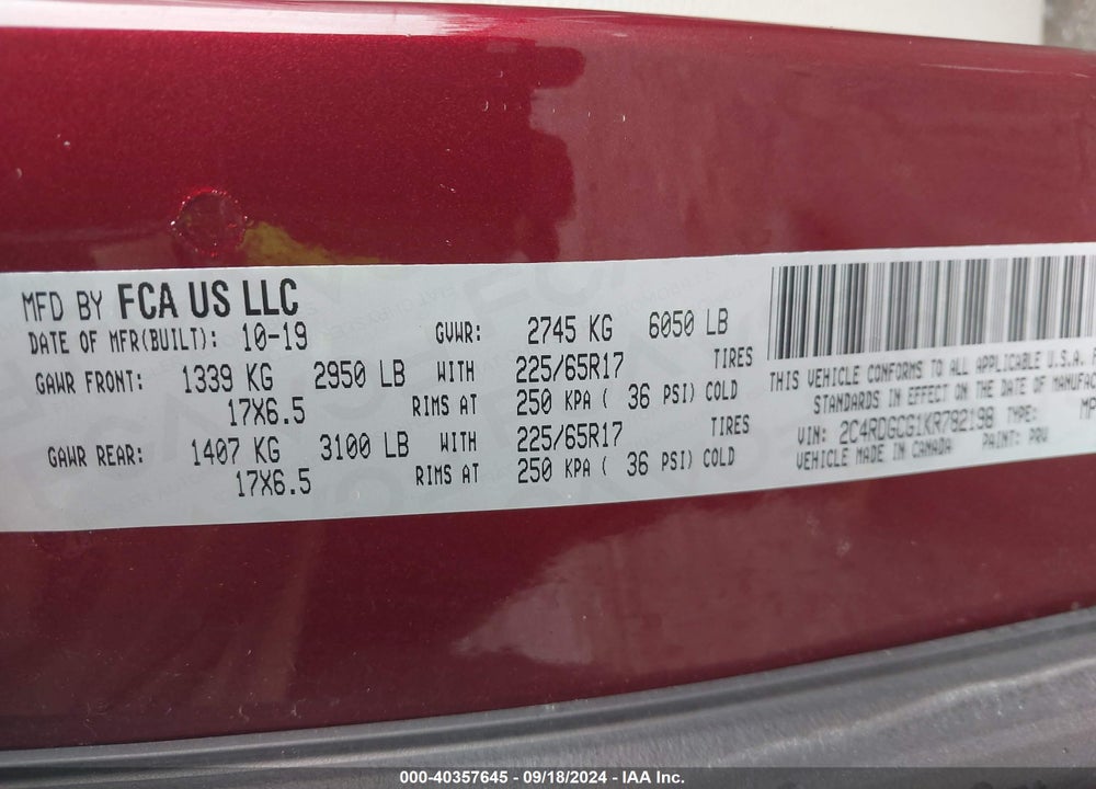 2019 DODGE GRAND CARAVAN SXT VIN: 2C4RDGCG1KR782198