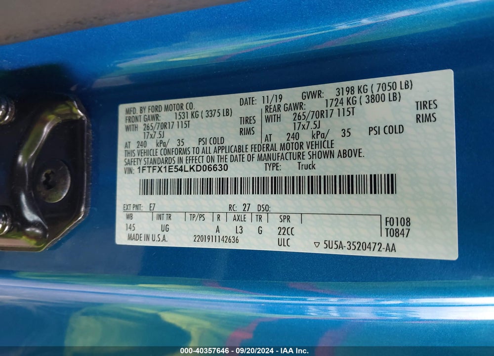 2020 FORD F-150 XLT VIN: 1FTFX1E54LKD06630