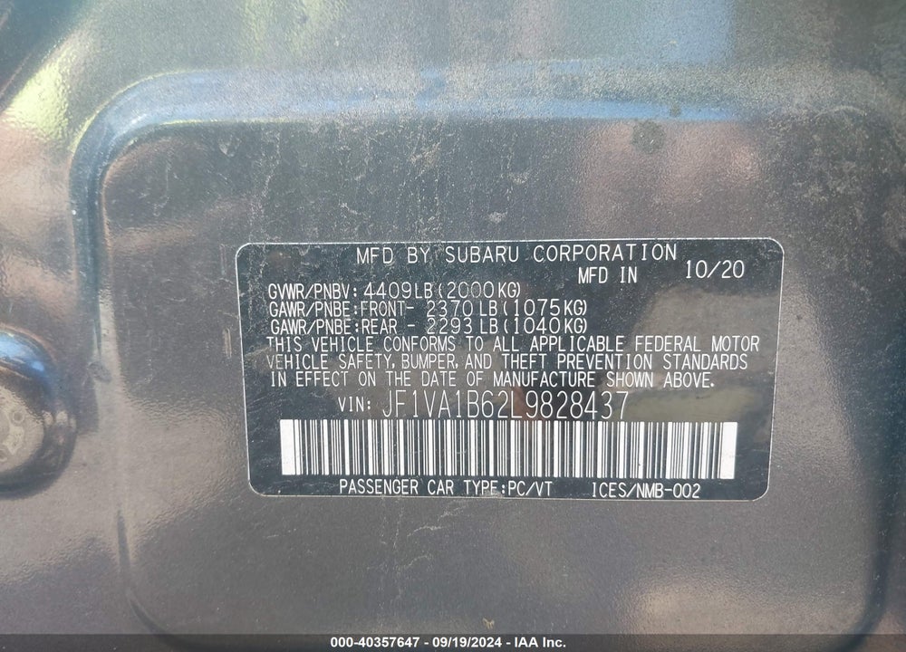 2020 SUBARU WRX PREMIUM VIN: JF1VA1B62L9828437