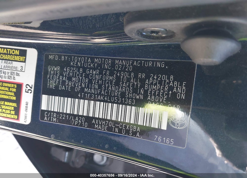 2020 TOYOTA CAMRY XLE HYBRID VIN: 4T1F31AK4LU531363