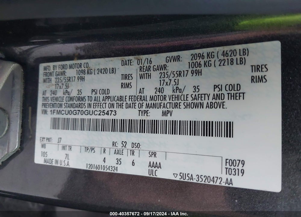 2016 FORD ESCAPE SE VIN: 1FMCU0G70GUC25473