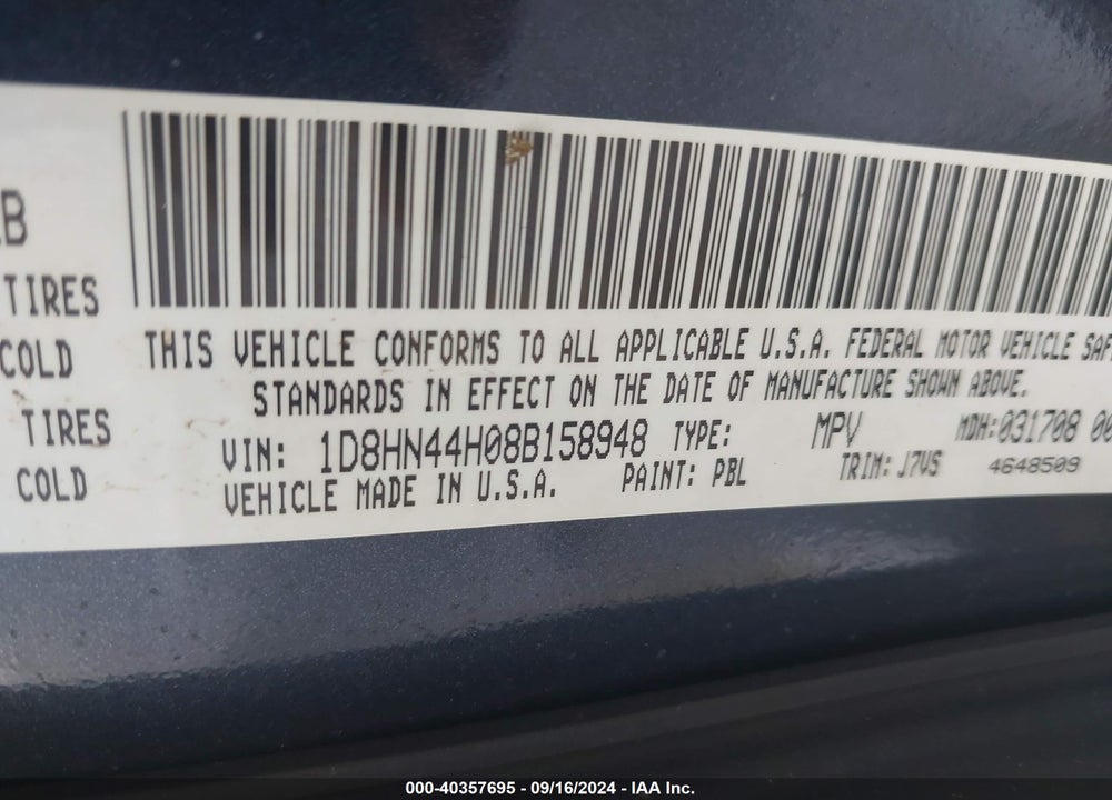 2008 DODGE GRAND CARAVAN SE VIN: 1D8HN44H08B158948
