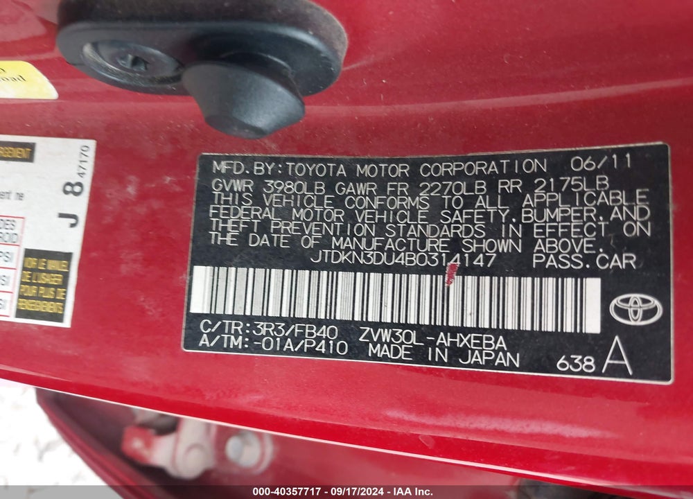2011 TOYOTA PRIUS TWO VIN: JTDKN3DU4B0314147