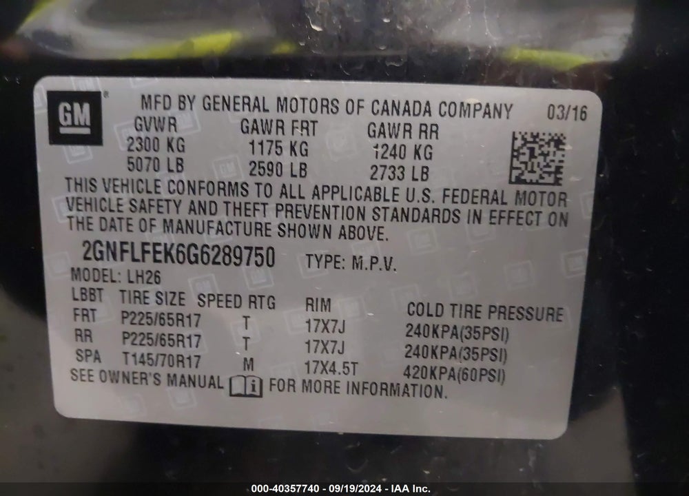 2016 CHEVROLET EQUINOX LT VIN: 2GNFLFEK6G6289750