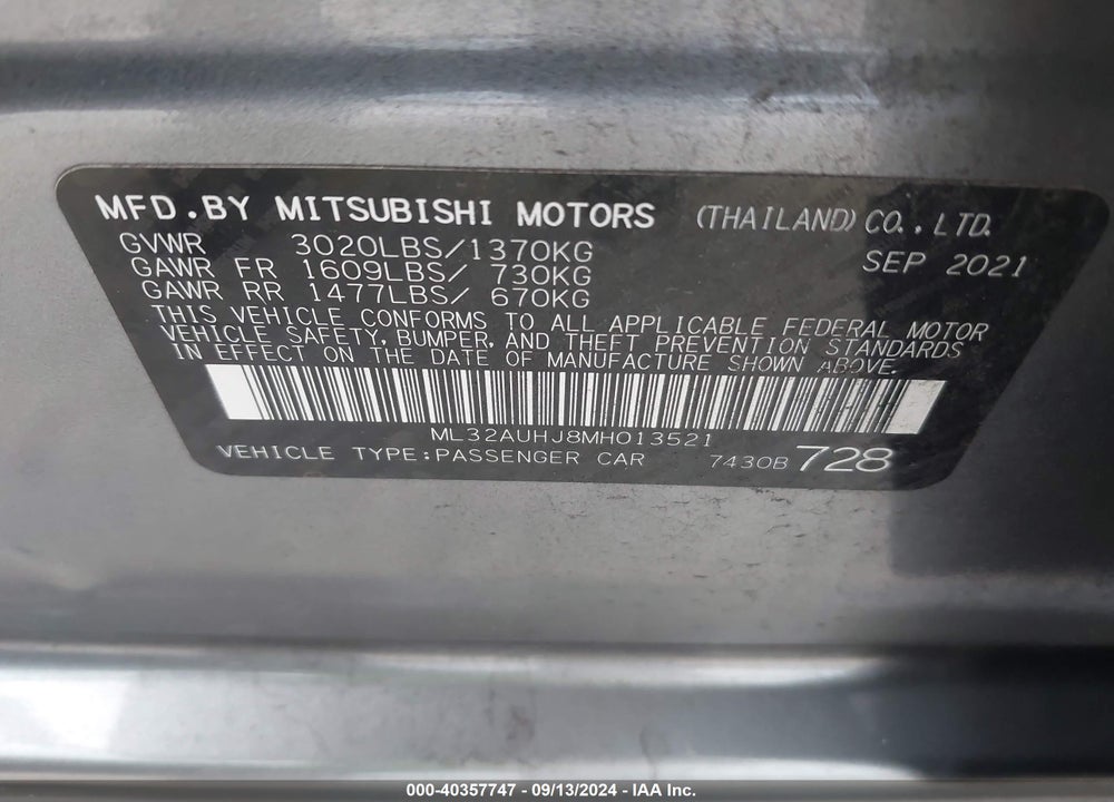 2021 MITSUBISHI MIRAGE CARBONITE EDITION/ES/LE VIN: ML32AUHJ8MH013521