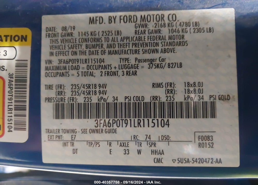 2020 FORD FUSION SE VIN: 3FA6P0T91LR115104