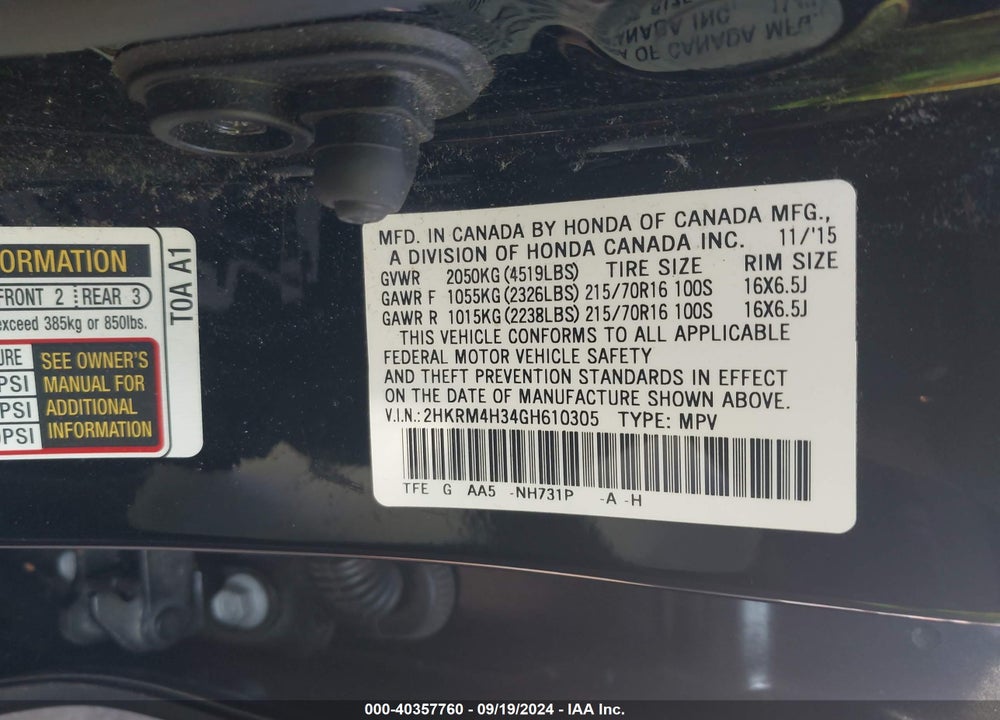 2016 HONDA CR-V LX VIN: 2HKRM4H34GH610305