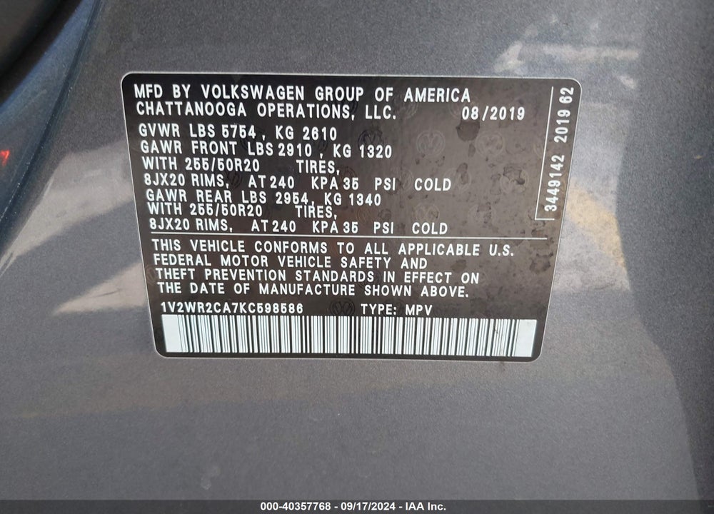 2019 VOLKSWAGEN ATLAS 3.6L V6 SE W/TECHNOLOGY VIN: 1V2WR2CA7KC598586