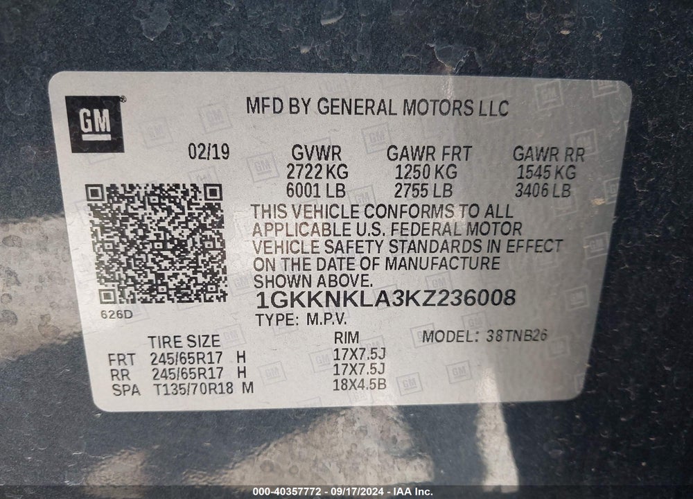 2019 GMC ACADIA SLE-1 VIN: 1GKKNKLA3KZ236008