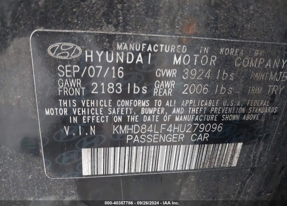 2017 HYUNDAI ELANTRA LIMITED VIN: KMHD84LF4HU279096