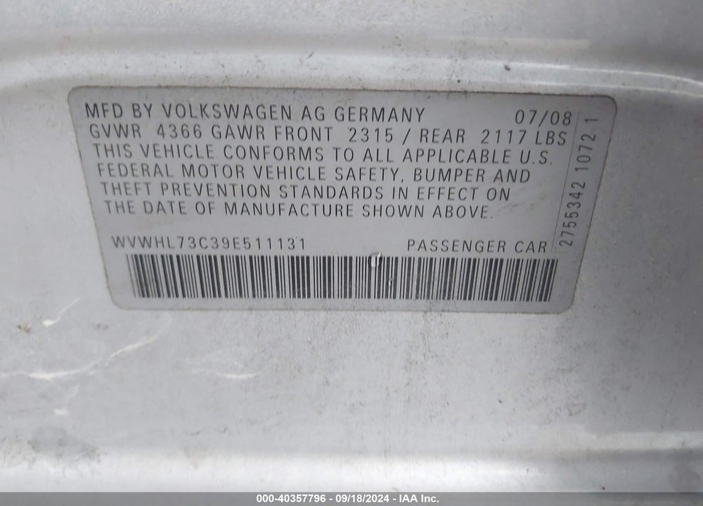 2009 VOLKSWAGEN CC LUXURY VIN: WVWHL73C39E511131
