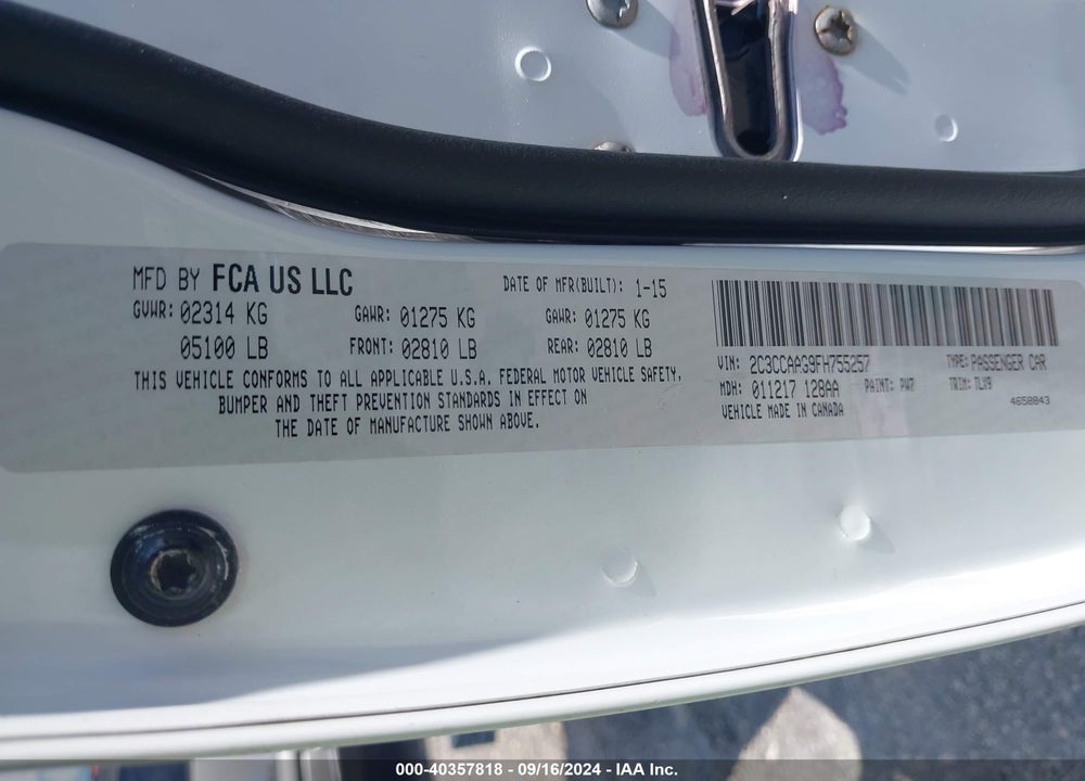 2015 CHRYSLER 300 LIMITED VIN: 2C3CCAAG9FH755257