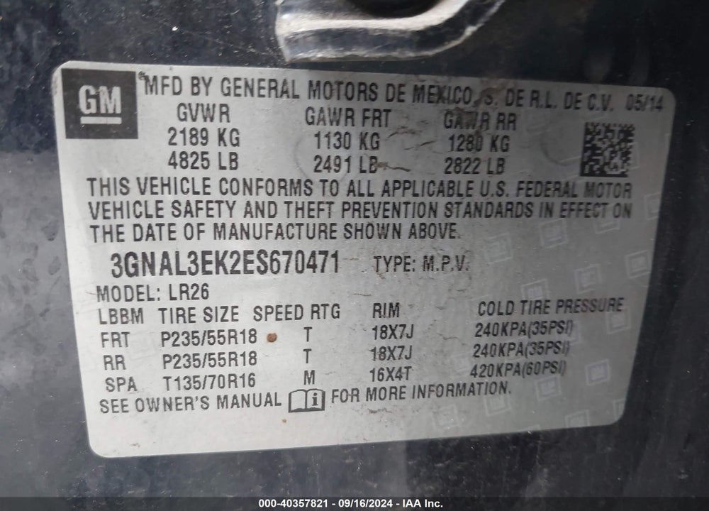 2014 CHEVROLET CAPTIVA SPORT LT VIN: 3GNAL3EK2ES670471