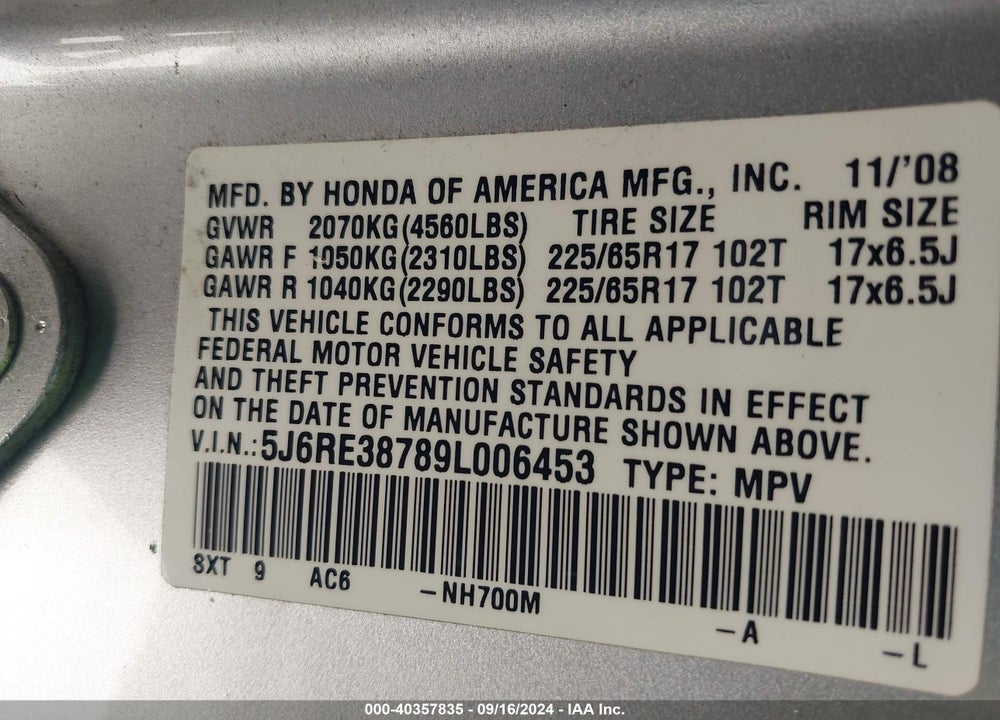 2009 HONDA CR-V VIN: 5J6RE38789L006453
