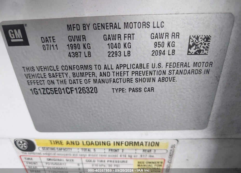 2012 CHEVROLET MALIBU 1LT VIN: 1G1ZC5E01CF126320