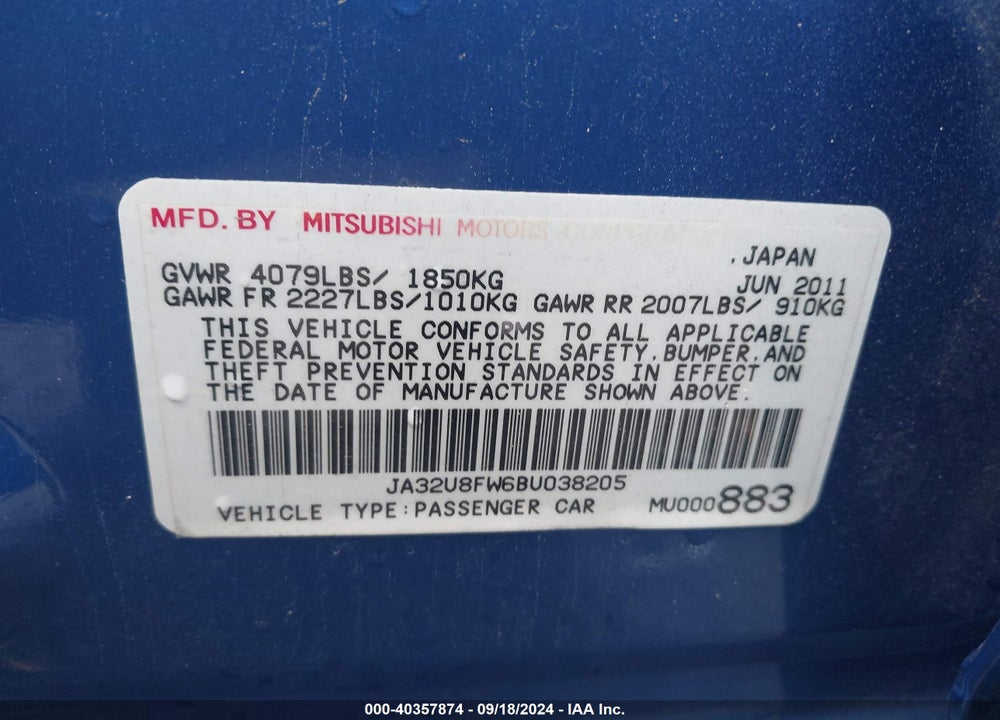 2011 MITSUBISHI LANCER GTS VIN: JA32U8FW6BU038205