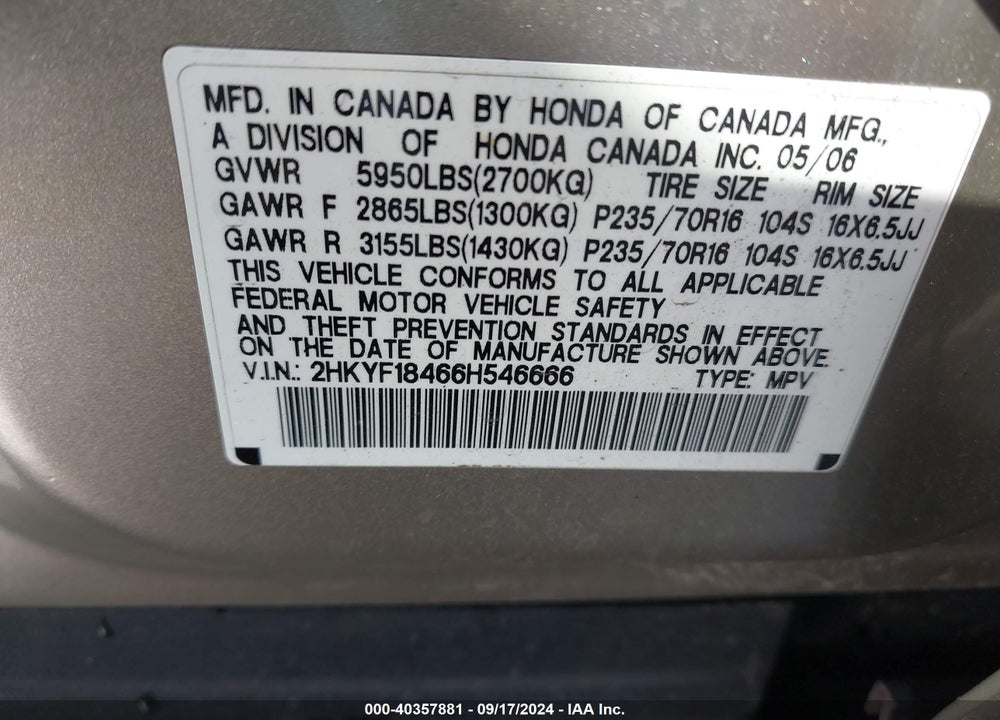 2006 HONDA PILOT EX VIN: 2HKYF18466H546666