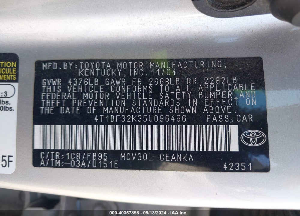 2005 TOYOTA CAMRY LE V6 VIN: 4T1BF32K35U096466