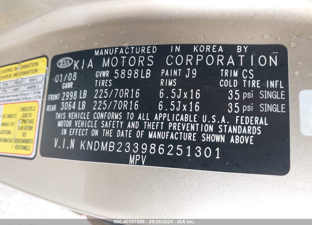 2008 KIA SEDONA LX VIN: KNDMB233986251301