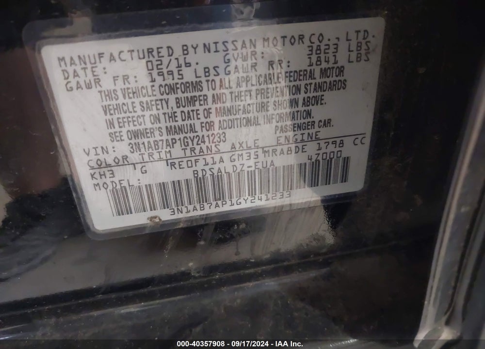 2016 NISSAN SENTRA SV VIN: 3N1AB7AP1GY241233