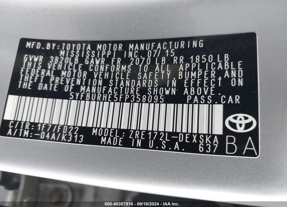 2015 TOYOTA COROLLA S PLUS VIN: 5YFBURHE5FP358095