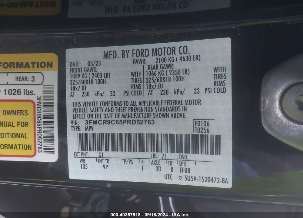 2023 FORD BRONCO SPORT OUTER BANKS VIN: 3FMCR9C65PRD52763