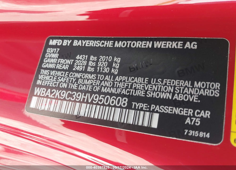 2017 BMW 230I VIN: WBA2K9C39HV950608