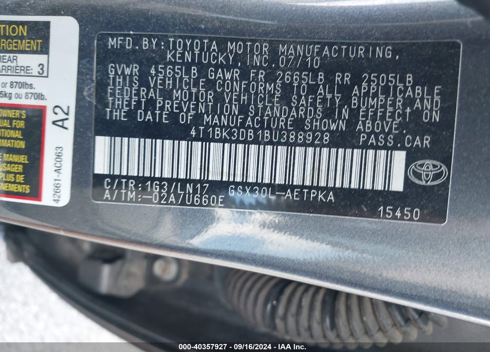 2011 TOYOTA AVALON LIMITED VIN: 4T1BK3DB1BU388928