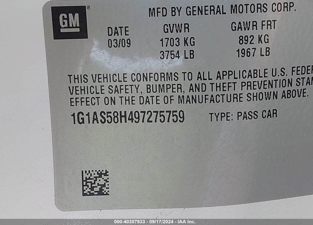 2009 CHEVROLET COBALT LS VIN: 1G1AS58H497275759