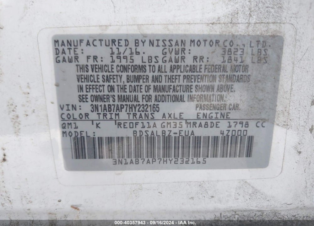 2017 NISSAN SENTRA S VIN: 3N1AB7AP7HY232165