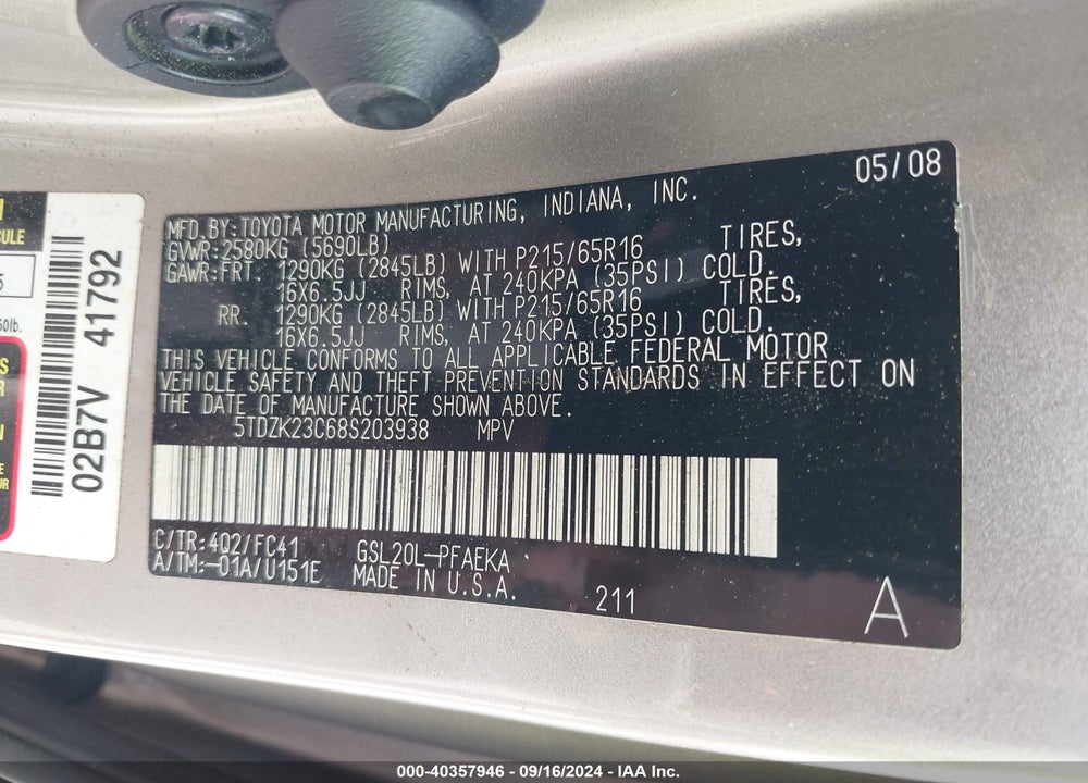 2008 TOYOTA SIENNA LE VIN: 5TDZK23C68S203938
