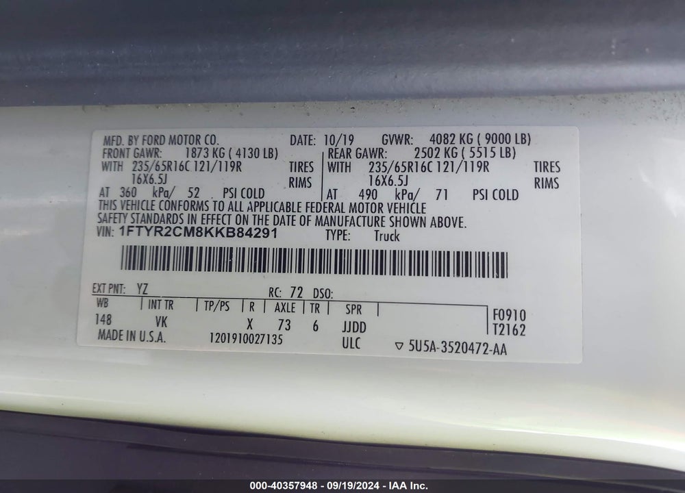 2019 FORD TRANSIT-250 VIN: 1FTYR2CM8KKB84291