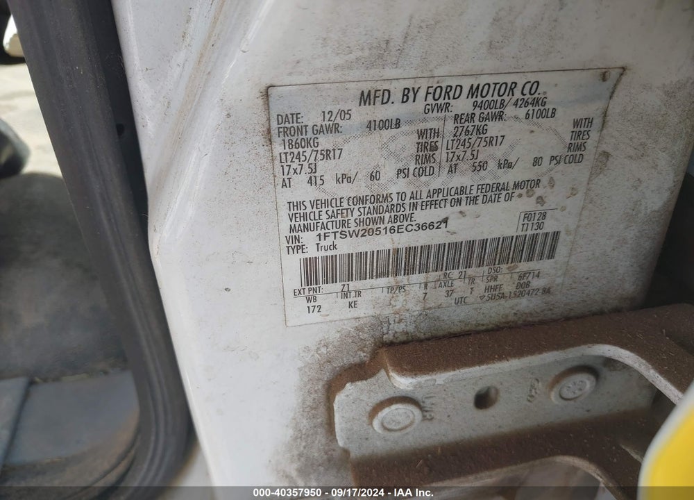 2006 FORD F-250 VIN: 1FTSW20516EC36621