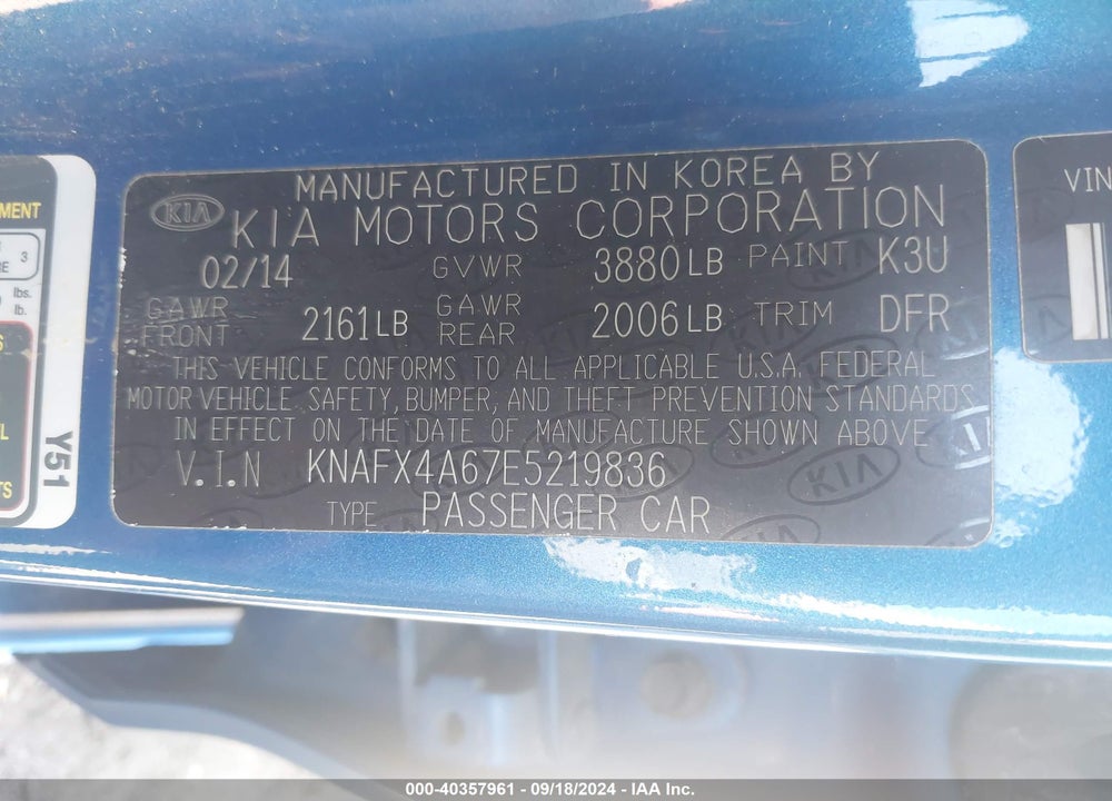 2014 KIA FORTE LX VIN: KNAFX4A67E5219836