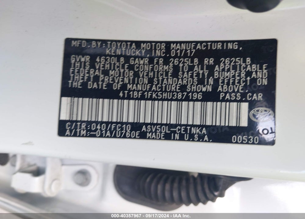 2017 TOYOTA CAMRY LE VIN: 4T1BF1FK5HU387196