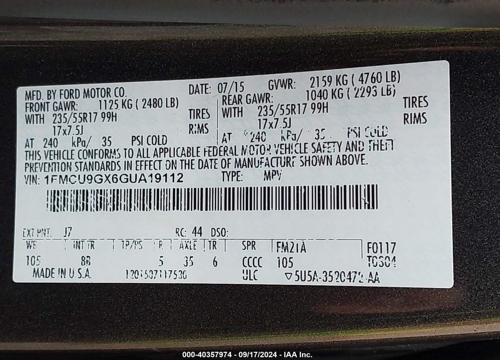 2016 FORD ESCAPE SE VIN: 1FMCU9GX6GUA19112