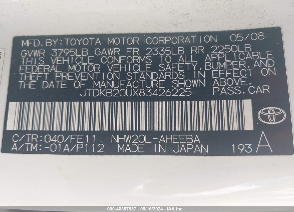 2008 TOYOTA PRIUS STANDARD VIN: JTDKB20UX83426225