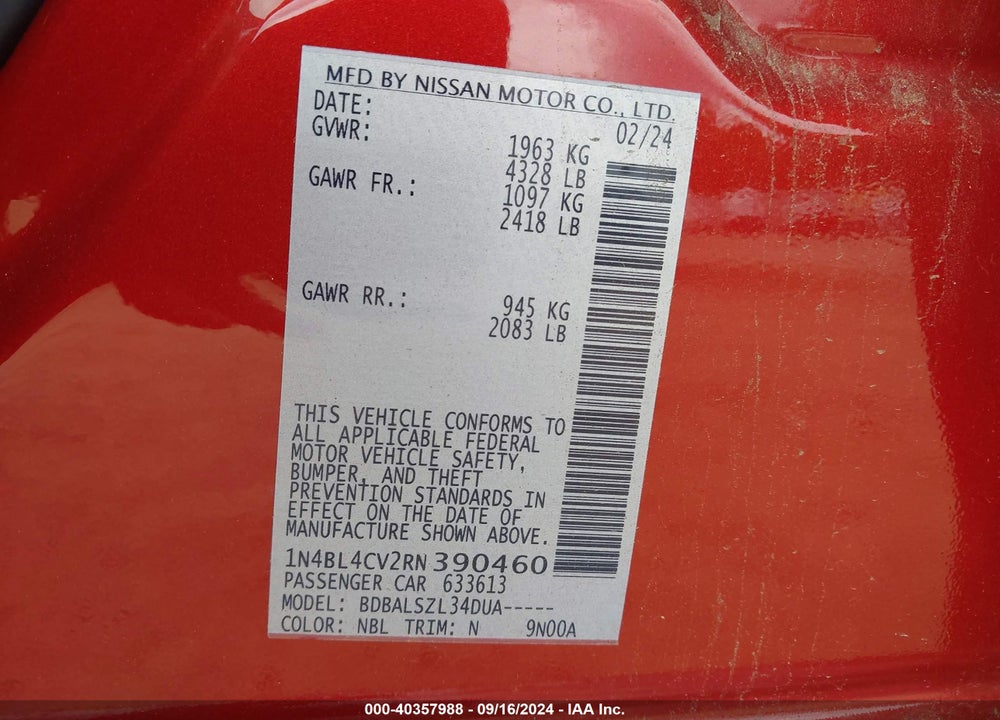 2024 NISSAN ALTIMA VIN: 1N4BL4CV2RN390460