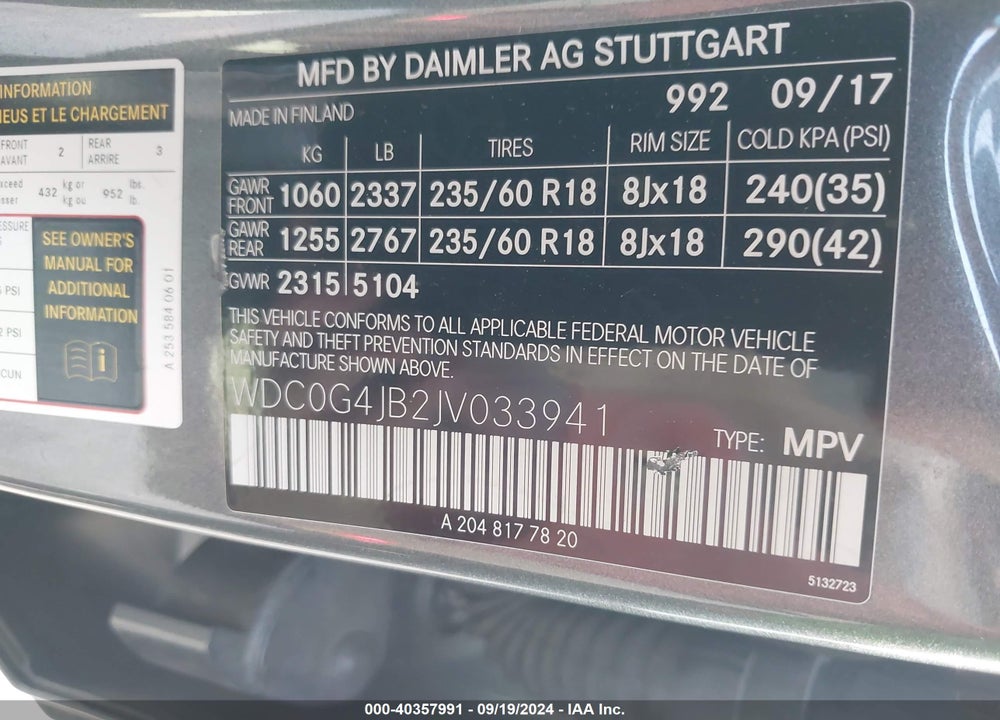 2018 MERCEDES-BENZ GLC 300 VIN: WDC0G4JB2JV033941