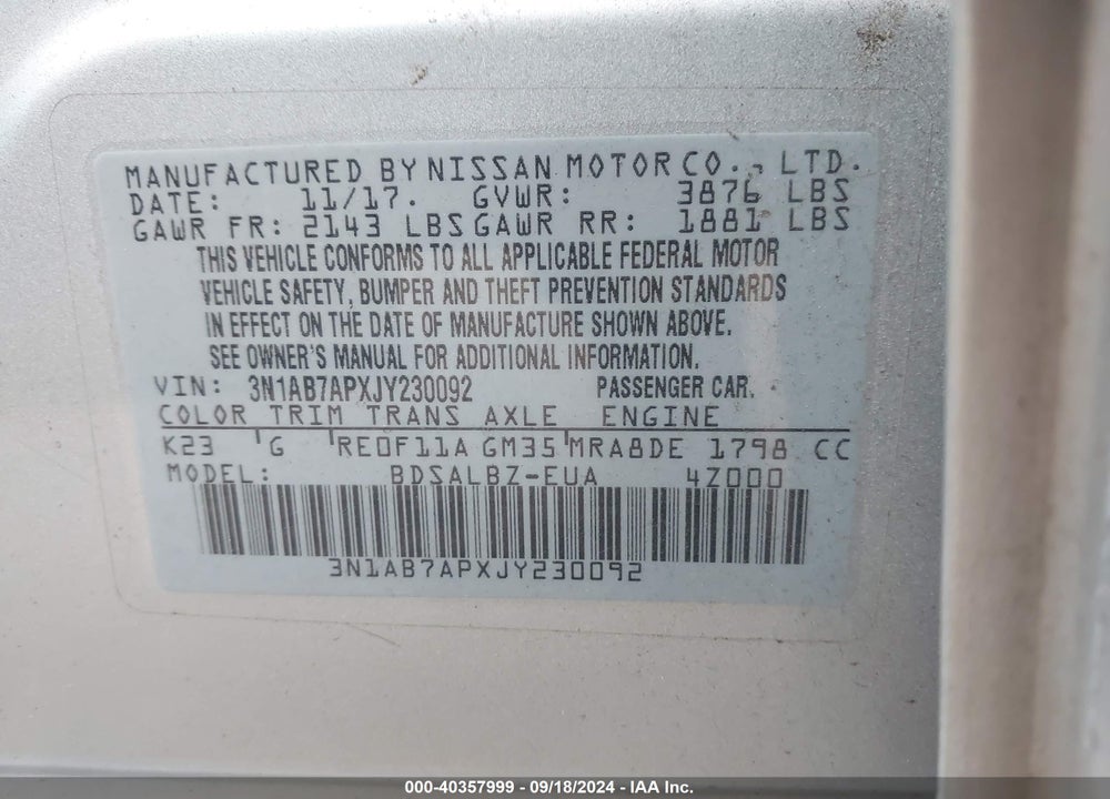 2018 NISSAN SENTRA S VIN: 3N1AB7APXJY230092