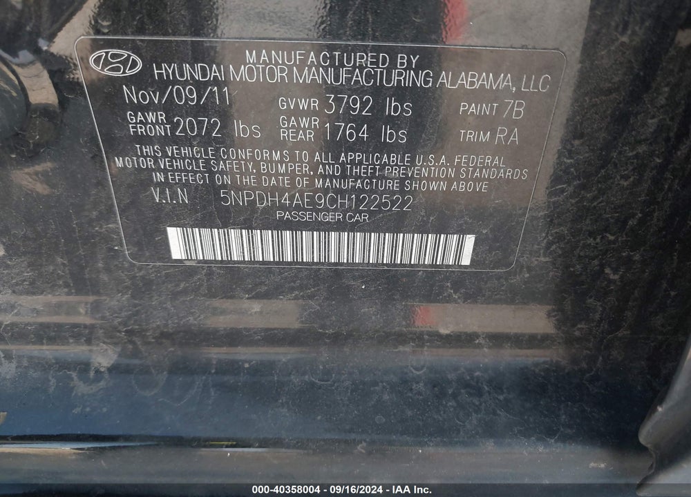 2012 HYUNDAI ELANTRA GLS VIN: 5NPDH4AE9CH122522