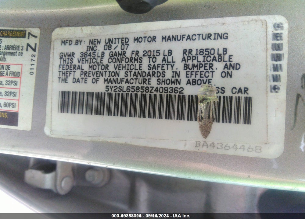 2008 PONTIAC VIBE VIN: 5Y2SL65858Z409362