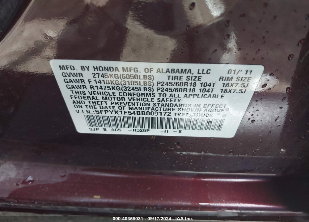2011 HONDA RIDGELINE RTL VIN: 5FPYK1F54BB009172